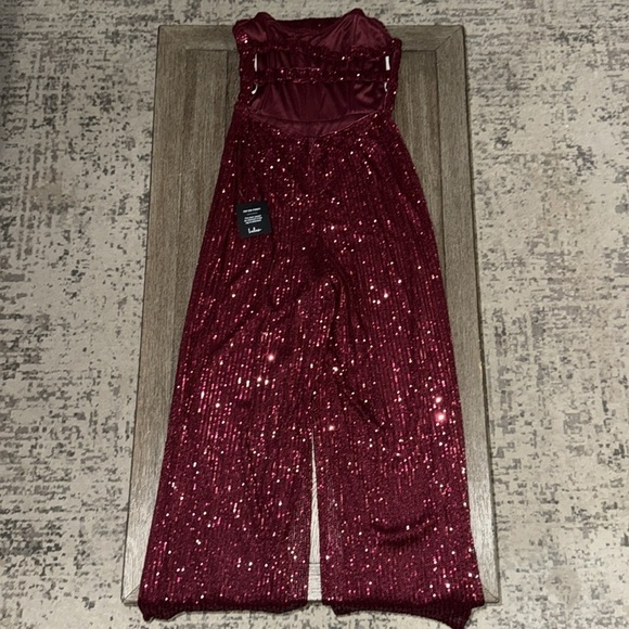 Lulus Glorious Vision Wine Red Sequin Strapless Wide-Leg Jumpsuit - Picture 5 of 12